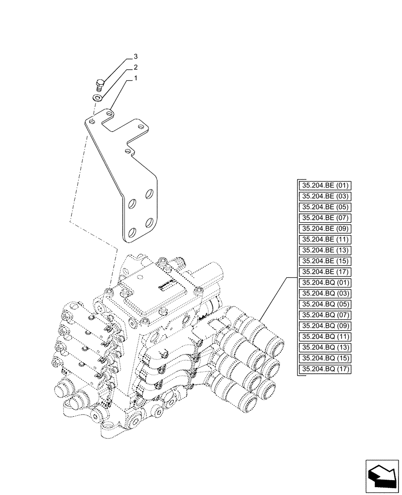 Схема запчастей Case IH PUMA 150 CVT - (35.204.BE[29]) - VAR - 391155, 758037, 758040 - REMOTE CONTROL VALVE, BRACKET (STOWAGE) (35) - HYDRAULIC SYSTEMS