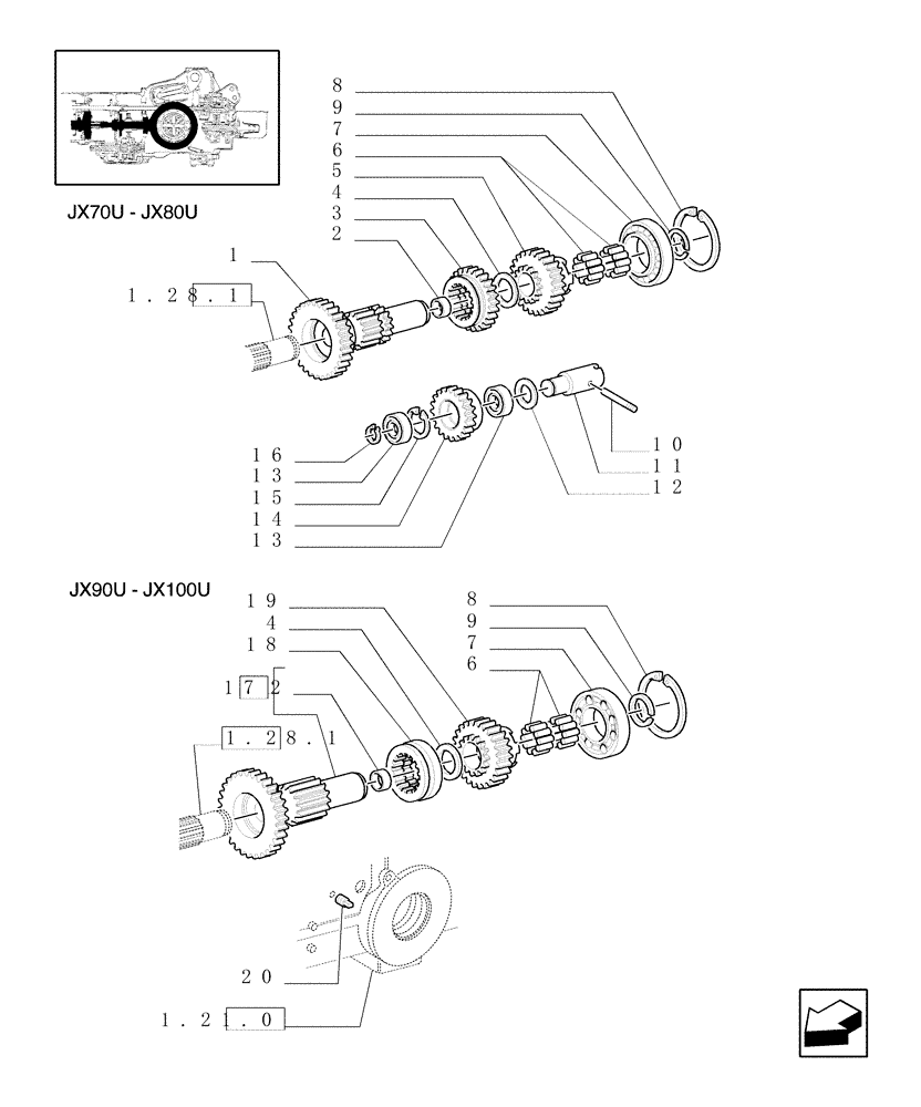 Схема запчастей Case IH JX100U - (1.32.1[02]) - CENTRAL REDUCTION GEARS - MEDIUM SPEED ENGAGING GEAR (03) - TRANSMISSION