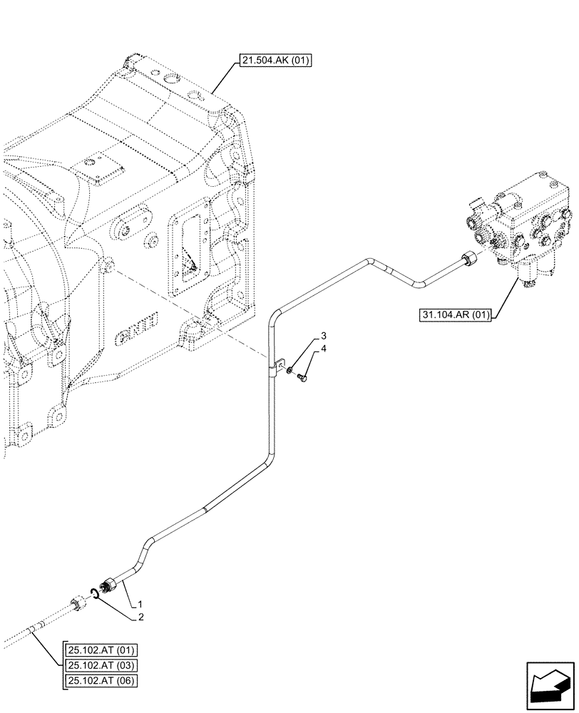 Схема запчастей Case IH MAXXUM 135 - (25.102.AT[02]) - VAR - 396247, 758442, 758549 - DIFFERENTIAL LOCK, HYD. LINE (25) - FRONT AXLE SYSTEM