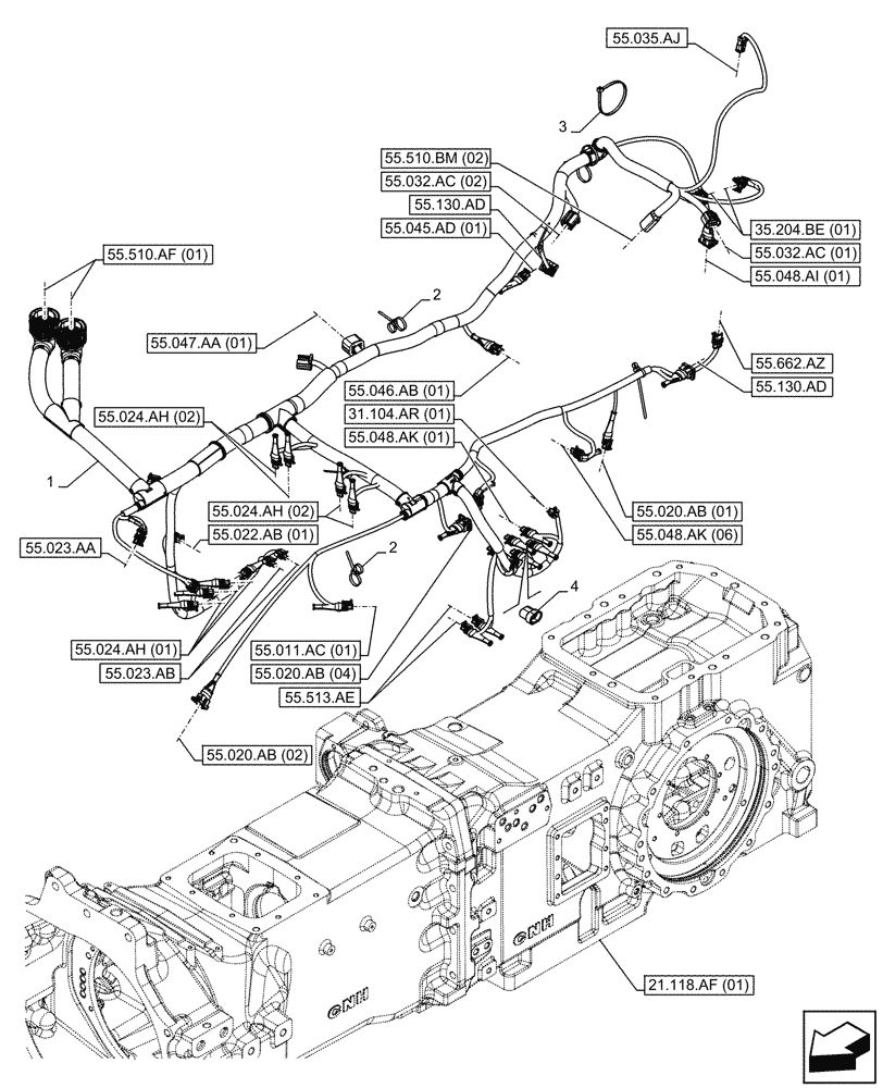 Схема запчастей Case IH MAXXUM 145 - (55.024.AA[01]) - VAR - 391828, 758441 - TRANSMISSION, HARNESS (55) - ELECTRICAL SYSTEMS