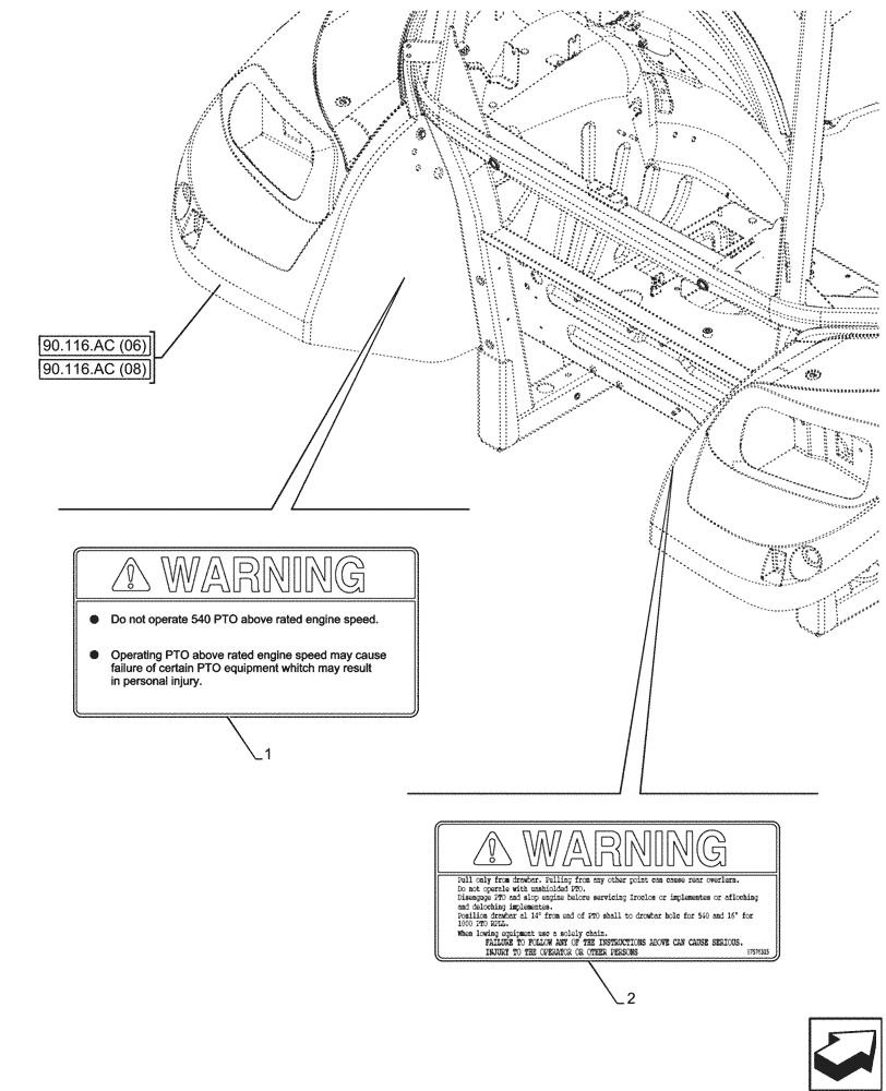 Схема запчастей Case IH FARMALL 110C - (90.108.AC[15]) - WARNING DECAL (90) - PLATFORM, CAB, BODYWORK AND DECALS