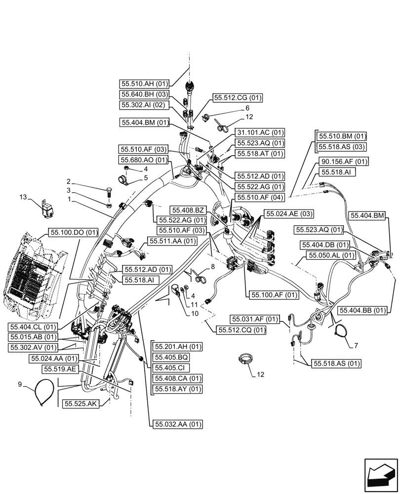 Схема запчастей Case IH MAXXUM 135 - (55.510.AF[01]) - VAR - 394835 - CAB MAIN WIRE HARNESS (55) - ELECTRICAL SYSTEMS