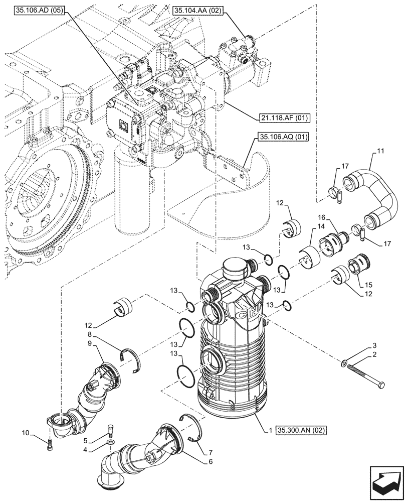 Схема запчастей Case IH MAXXUM 135 - (35.300.AN[03]) - VAR - 394835, 758441 - OIL COOLER FILTER (35) - HYDRAULIC SYSTEMS