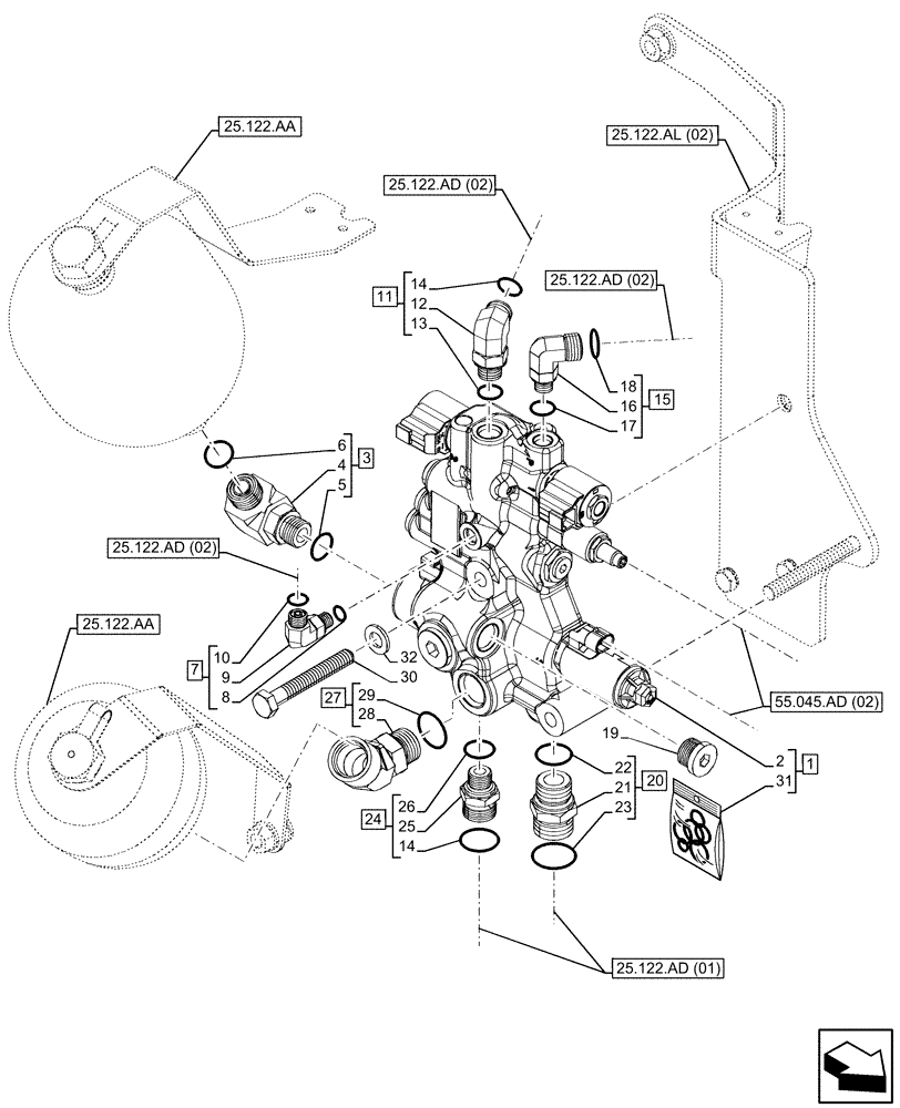 Схема запчастей Case IH MAXXUM 145 - (25.122.AL[01]) - VAR - 758422, 758423, 758427, 758428 - FRONT AXLE, SUSPENDED, CONTROL VALVE (25) - FRONT AXLE SYSTEM