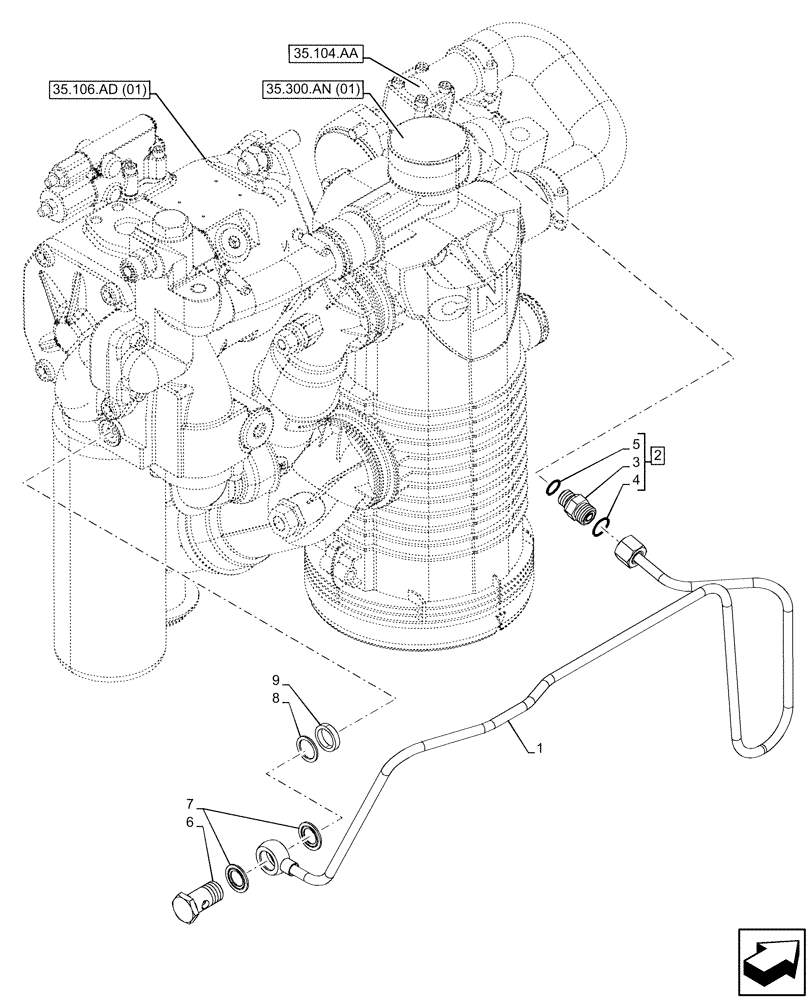 Схема запчастей Case IH MAXXUM 145 - (35.106.AD[02]) - VAR - 390801, 758437, 758440 - VARIABLE DELIVERY HYDRAULIC PUMP, HOSE (35) - HYDRAULIC SYSTEMS