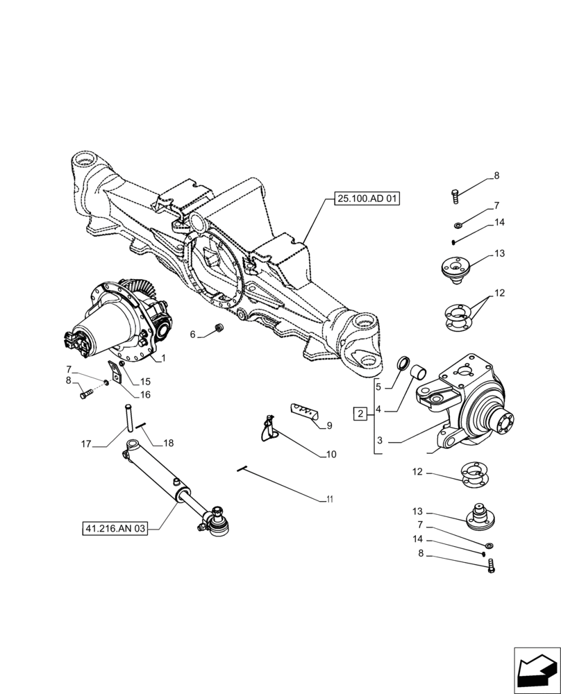 Схема запчастей Case IH MAGNUM 235 - (25.102.AD[01]) - MFD AXLE HOUSING ASSEMBLY, STANDARD WITH 12 BOLT HUB, WITHOUT DIFFERENTIAL LOCK - DANA (25) - FRONT AXLE SYSTEM