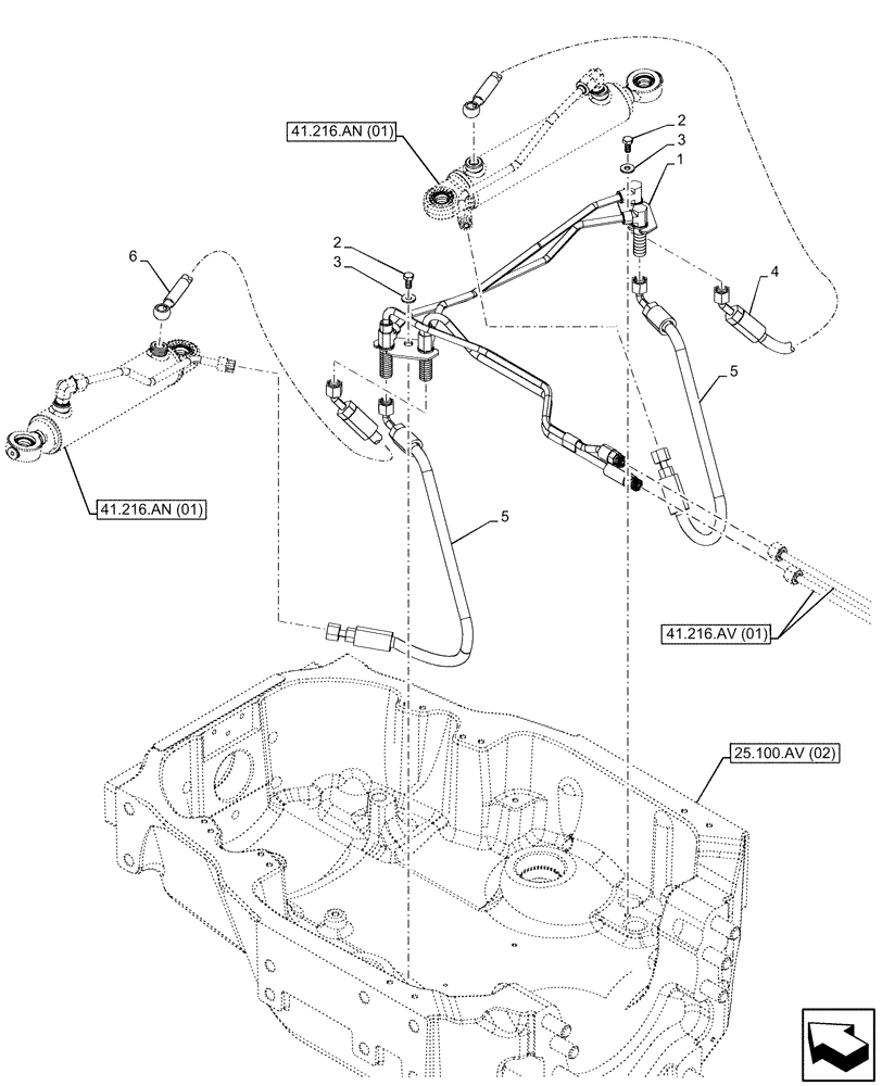 Схема запчастей Case IH MAXXUM 135 - (41.216.AV[02]) - VAR - 390409, 758421, 758425, 758426 - STEERING CYLINDER, HYD. LINE (41) - STEERING