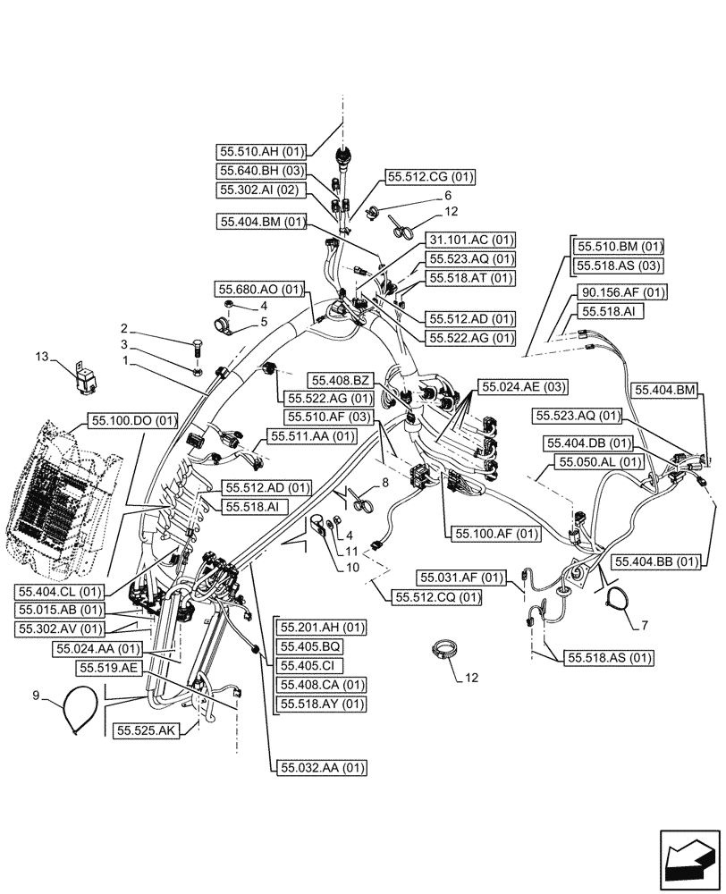 Схема запчастей Case IH MAXXUM 145 - (55.510.AF[01]) - VAR - 391223, 396247, 758442, 758538, 758539, 758549 - CAB MAIN WIRE HARNESS (55) - ELECTRICAL SYSTEMS