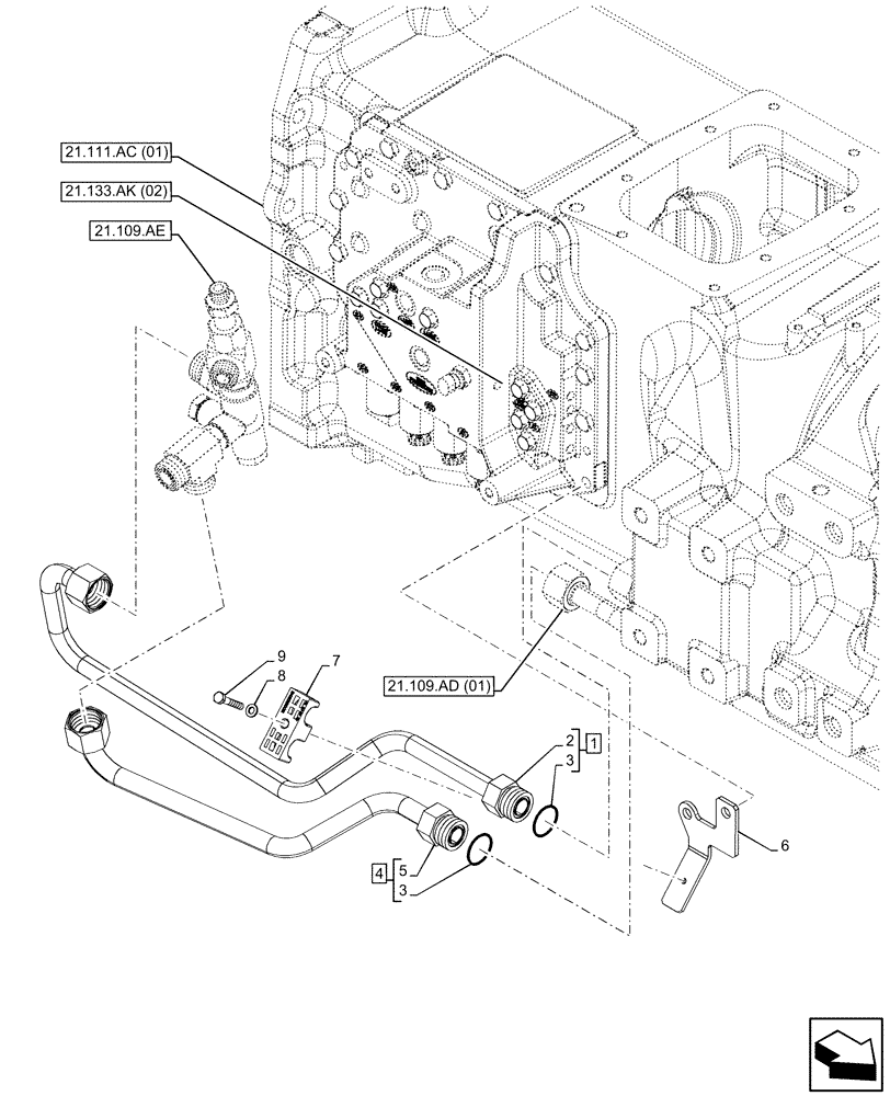 Схема запчастей Case IH MAXXUM 150 - (21.109.AD[06]) - VAR - 394835, 758441 - OIL COOLER LINE (21) - TRANSMISSION