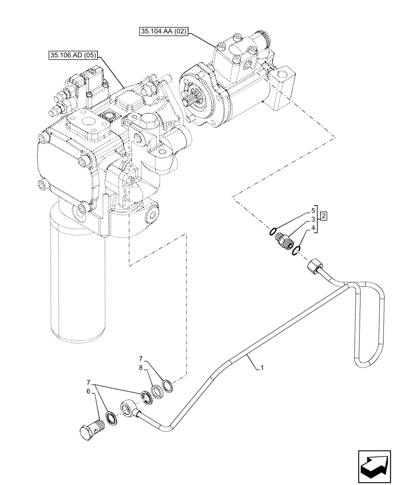 Схема запчастей Case IH MAXXUM 135 - (35.106.AD[04]) - VAR - 394835, 758441 - VARIABLE DELIVERY HYDRAULIC PUMP, HOSE (35) - HYDRAULIC SYSTEMS