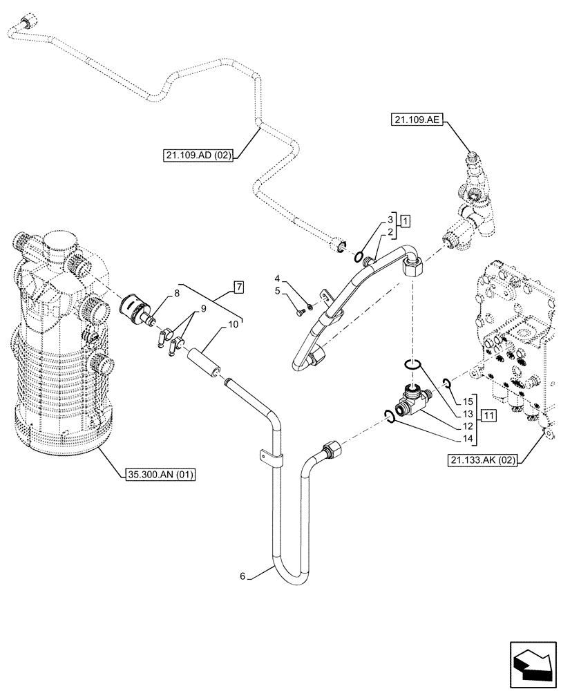 Схема запчастей Case IH MAXXUM 150 - (21.109.AD[05]) - VAR - 394835, 758441 - OIL COOLER LINE (21) - TRANSMISSION