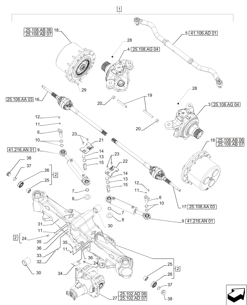 Схема запчастей Case IH MAGNUM 235 - (25.100.AD[05]) - FRONT AXLE ASSEMBLY, CLASS V, STANDARD AND SUSPENDED MFD - CNH (25) - FRONT AXLE SYSTEM