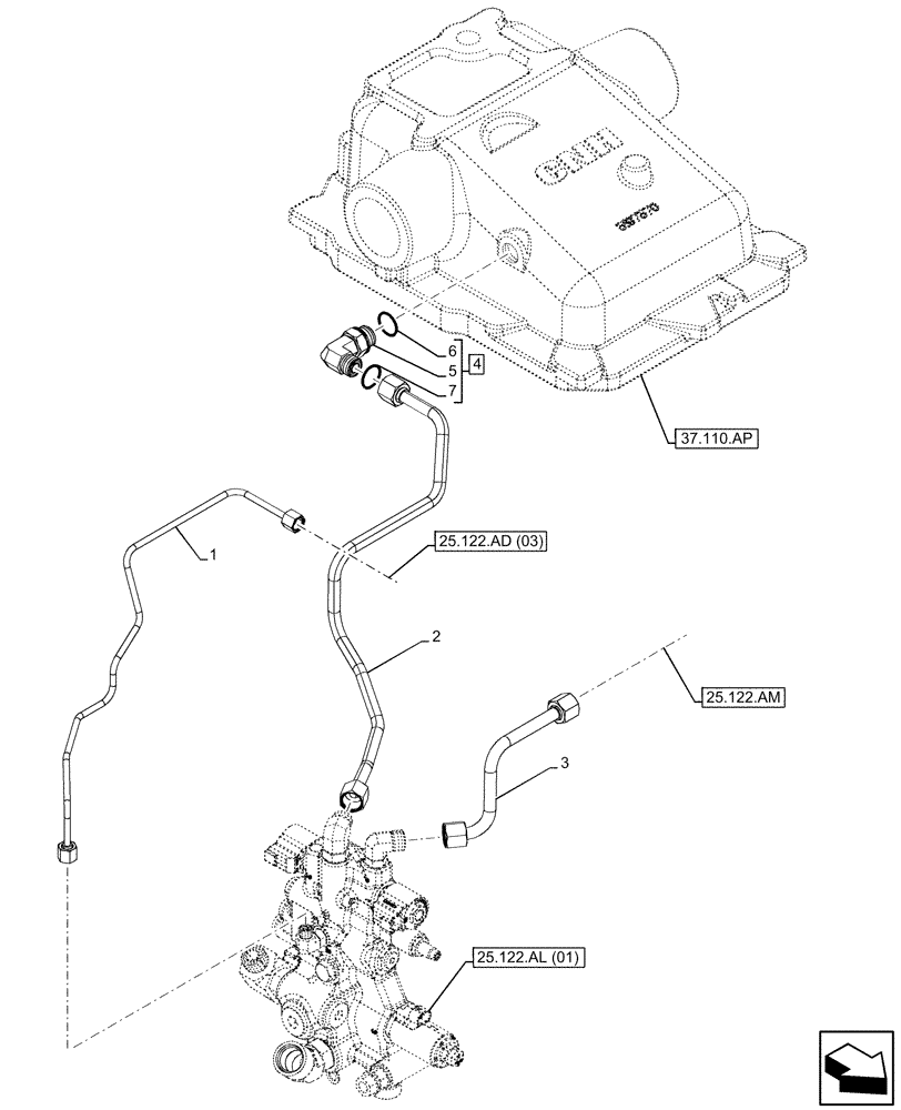 Схема запчастей Case IH MAXXUM 150 - (25.122.AD[02]) - VAR - 758422, 758423, 758427, 758428 - FRONT AXLE, SUSPENDED, CYLINDER, LINE (25) - FRONT AXLE SYSTEM