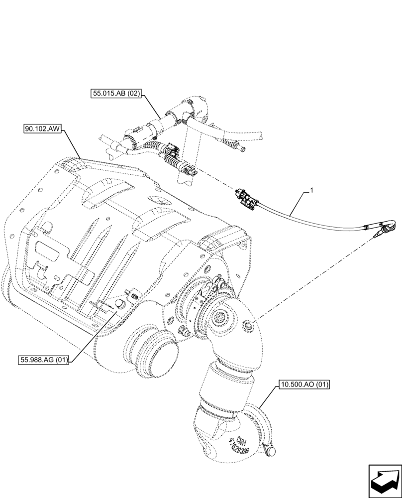 Схема запчастей Case IH FARMALL 120C - (55.988.AB) - VAR - 330581, 390328, 743559, 744580, 744581, 744990 - DEF/ADBLUE™, MUFFLER, SENSOR (55) - ELECTRICAL SYSTEMS