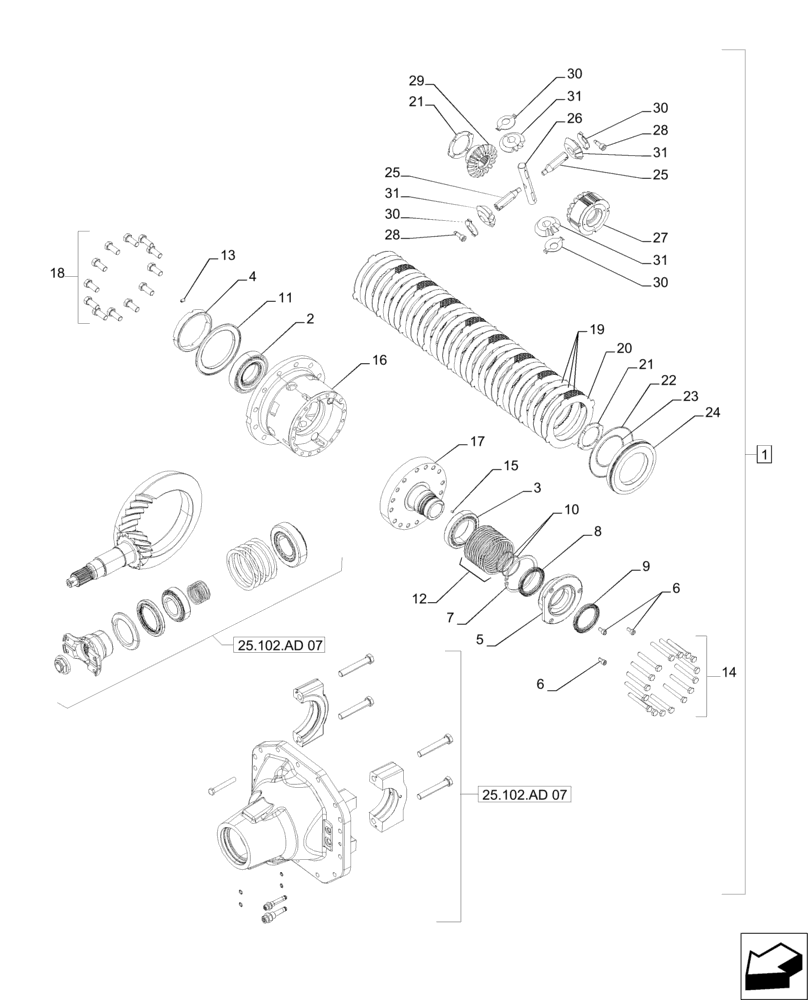 Схема запчастей Case IH MAGNUM 235 - (25.102.AD[06]) - CARRIER & DIFFERENTIAL, CLASS V, STANDARD AND SUSPENDED MFD - CNH (25) - FRONT AXLE SYSTEM