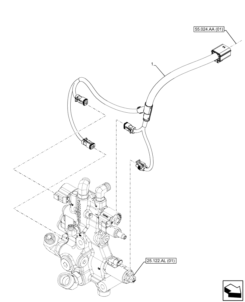 Схема запчастей Case IH MAXXUM 145 - (55.045.AD[02]) - VAR - 758422, 758423, 758427, 758428 - FRONT AXLE, CONTROL VALVE, HARNESS (55) - ELECTRICAL SYSTEMS