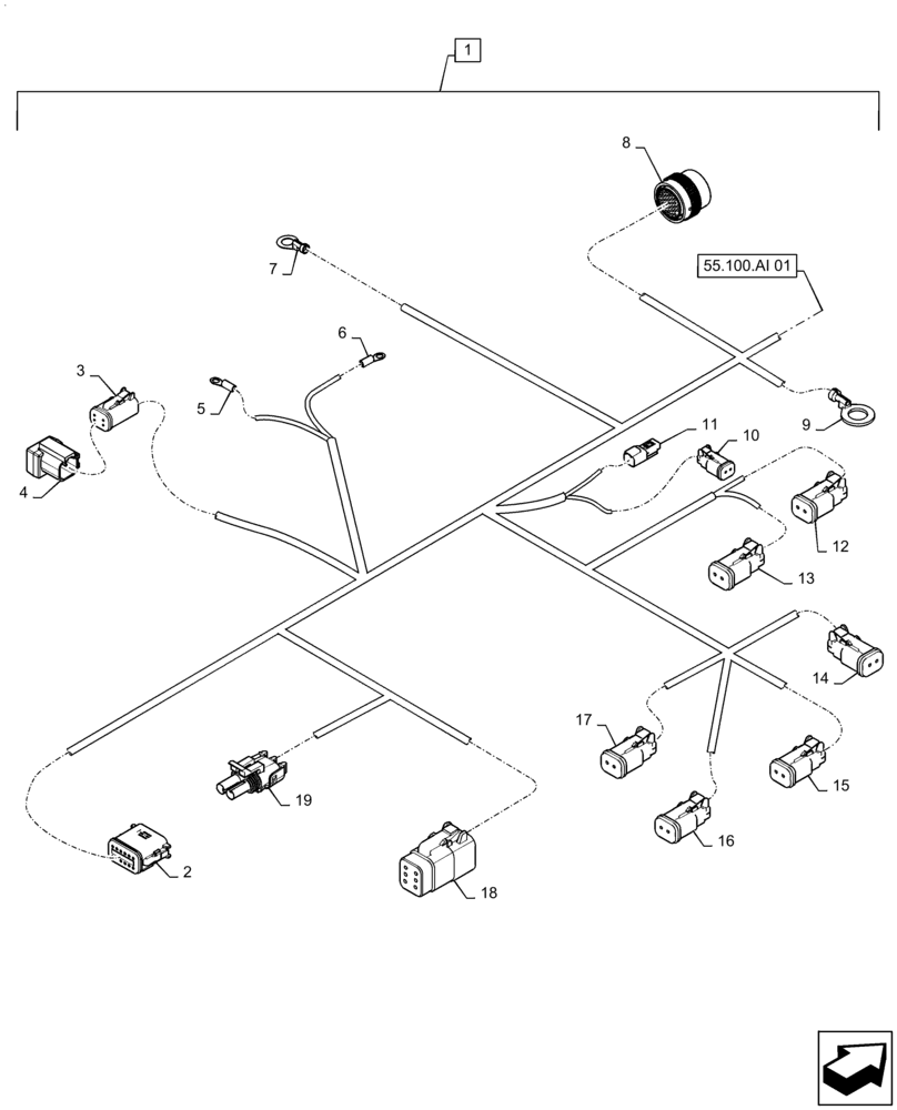 Схема запчастей Case IH 2240 - (55.100.AI[02]) - REAR MAIN FRAME WIRE HARNESS (55) - ELECTRICAL SYSTEMS