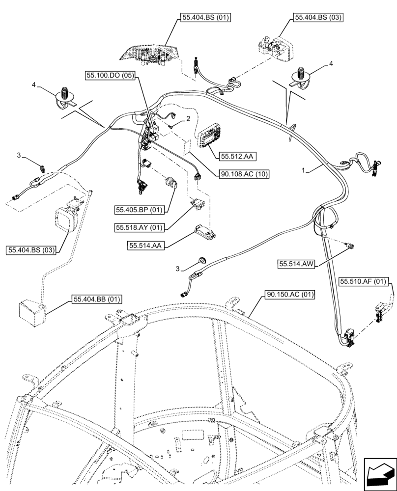 Схема запчастей Case IH FARMALL 120C - (55.510.AH) - CAB ROOF, WIRE HARNESS (55) - ELECTRICAL SYSTEMS
