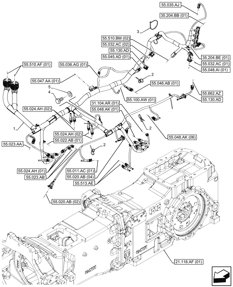 Схема запчастей Case IH MAXXUM 150 - (55.024.AA[02]) - VAR - 394835 - TRANSMISSION, HARNESS (55) - ELECTRICAL SYSTEMS