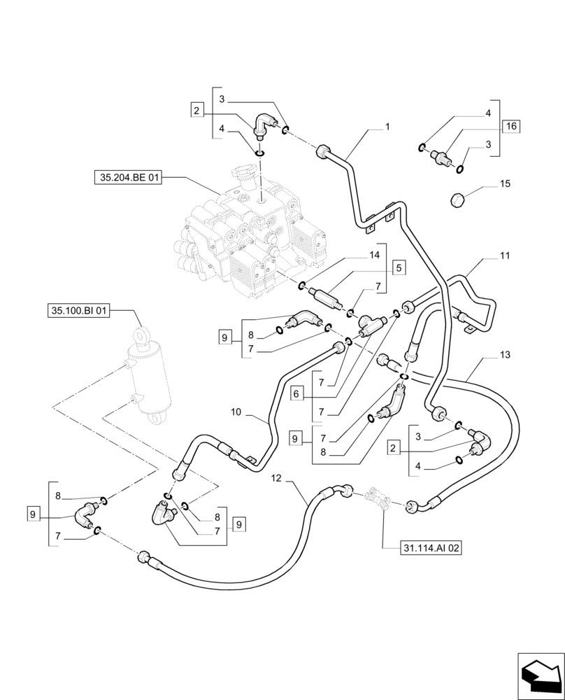 Схема запчастей Case IH PUMA 200 - (35.104.AF[05]) - LIFTER LINES - LIFTER CYLINDERS PIPES AND REMOTE CONTROL VALVES DRAIN (35) - HYDRAULIC SYSTEMS