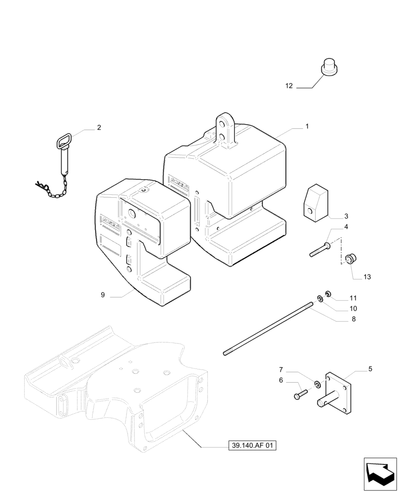 Схема запчастей Case IH PUMA 215 - (39.140.AF[04]) - WEIGHT PACK “C” FOR STD&SUS AXLE W. HOOK INCL. INT. CAR. (1200KG TOTAL) - WEIGHT PACK (39) - FRAMES AND BALLASTING