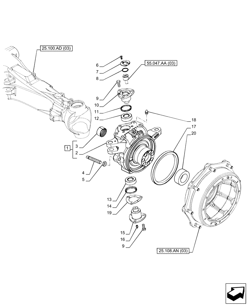 Схема запчастей Case IH PUMA 200 - (25.108.AG[05]) - VAR - 337416, 758049 - FRONT AXLE, SUSPENDED W/BRAKES, STEERING KNUCKLE, RH (25) - FRONT AXLE SYSTEM