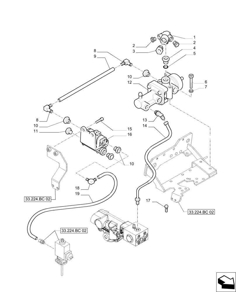 Схема запчастей Case IH PUMA 200 - (33.224.BC[01]) - PNEUMATIC TRAILER BRAKE - CONTROL VALVE AND RELEVANT PARTS (33) - BRAKES & CONTROLS