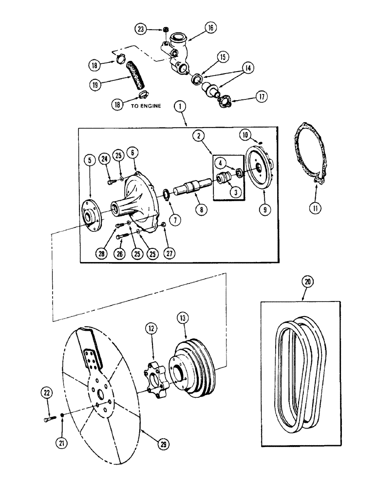 Схема запчастей Case IH 1660 - (2-10) - FAN, BELTS, THERMOSTAT AND WATER PUMP, DT466B ENGINE (01) - ENGINE