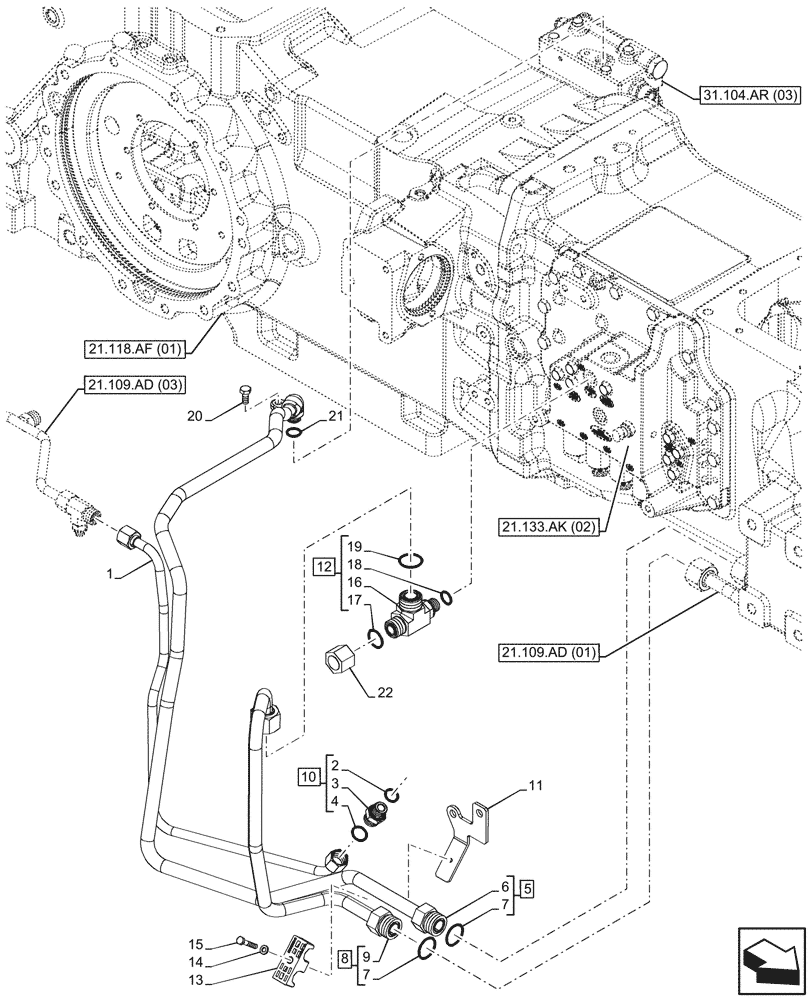 Схема запчастей Case IH MAXXUM 145 - (21.109.AD[08]) - VAR - 391828 - OIL COOLER LINE (21) - TRANSMISSION