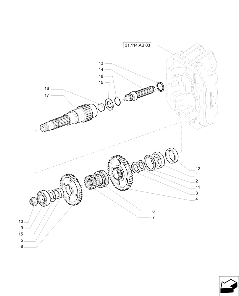 Схема запчастей Case IH PUMA 215 - (31.114.AB[01]) - POWER TAKE-OFF 540E/1000 RPM - SHAFT AND GEARS (31) - IMPLEMENT POWER TAKE OFF