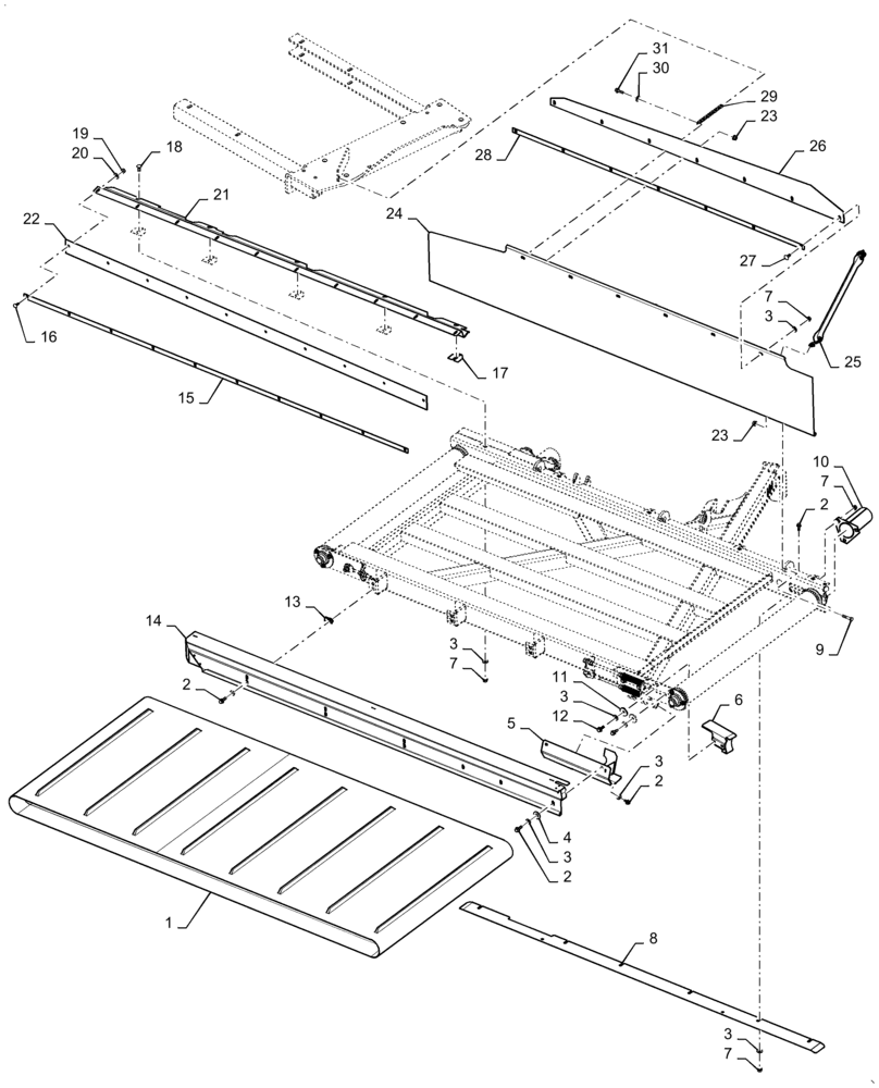 Схема запчастей Case IH DOUBLE WINDROW - (58.900.AB[02]) - BAFFLE REAR AND BELT ASSY (58) - ATTACHMENTS/HEADERS