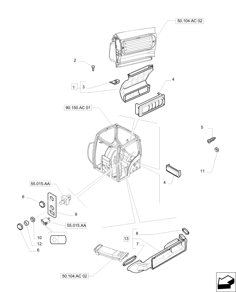 Схема запчастей Case IH PUMA 200 - (50.104.AC[01]) - HEATING/AIR CONDITIONING - VENTILATION DUCTS (50) - CAB CLIMATE CONTROL