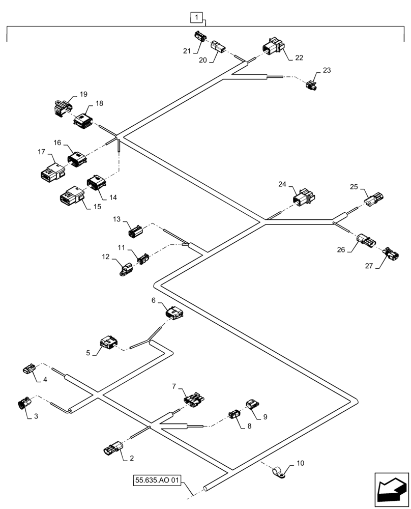 Схема запчастей Case IH 2240 - (55.635.AO[02]) - PRODUCT CONTROL HARNESS, REAR (55) - ELECTRICAL SYSTEMS