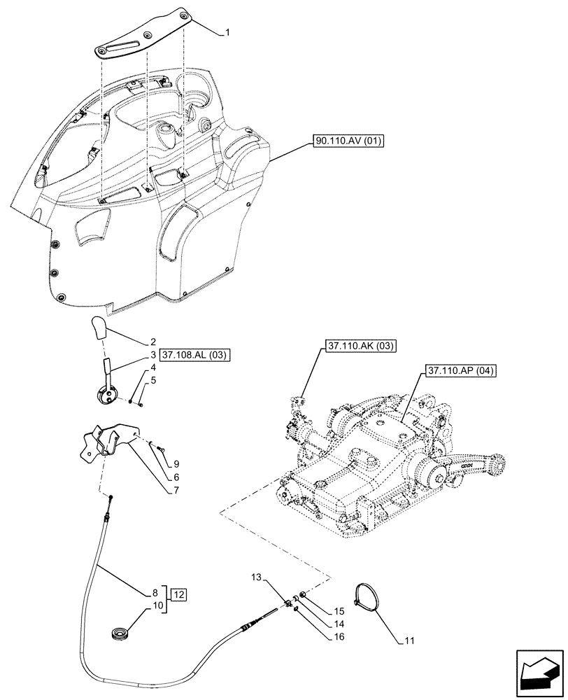 Схема запчастей Case IH FARMALL 120C - (37.108.AL[02]) - VAR - 743595, 743596 - LIFT-O-MATIC, CONTROL LEVER, W/O CAB (37) - HITCHES, DRAWBARS & IMPLEMENT COUPLINGS