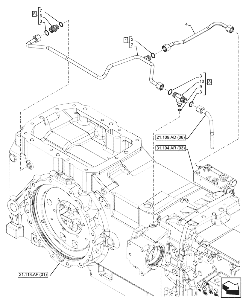 Схема запчастей Case IH MAXXUM 150 - (21.109.AD[03]) - VAR - 391828 - OIL COOLER LINE (21) - TRANSMISSION