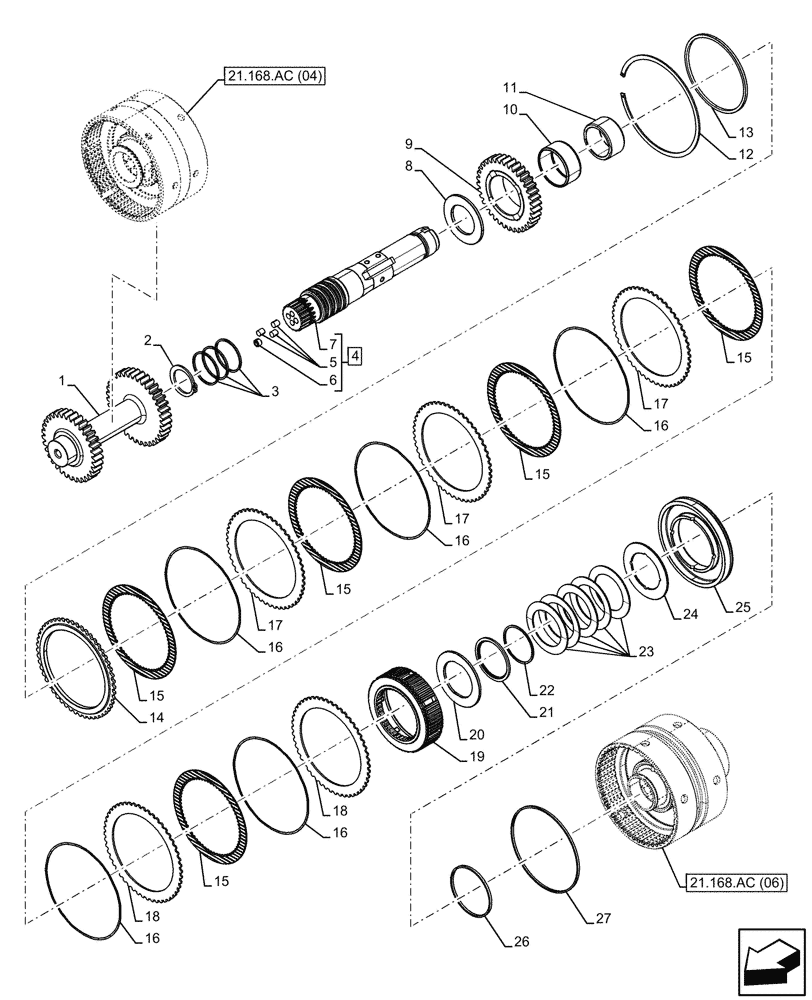 Схема запчастей Case IH FARMALL 120C - (21.168.AC[05]) - VAR - 743552 - TRANSMISSION, POWERSHUTTLE, CLUTCH HOUSING, CLUTCH DISC, HI-LO (21) - TRANSMISSION