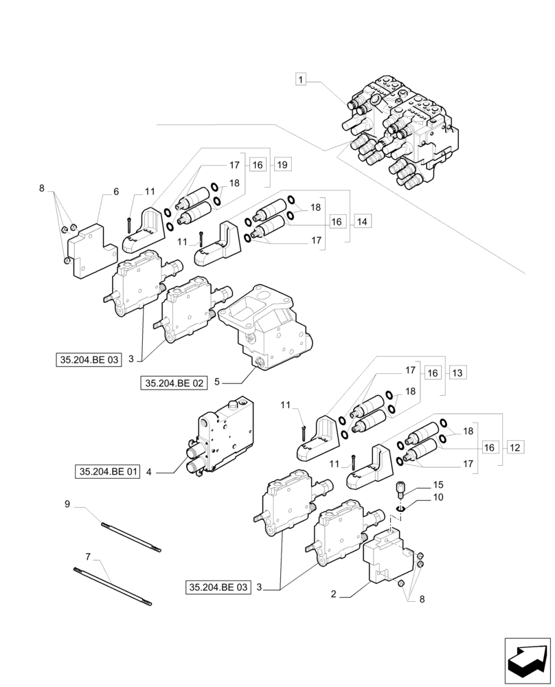 Схема запчастей Case IH PUMA 200 - (35.204.BE[05]) - 4 X MECHANICAL CLOSED CENTER REMOTES (35) - HYDRAULIC SYSTEMS