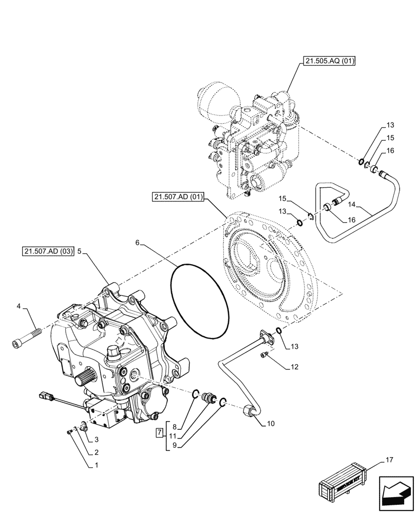 Схема запчастей Case IH MAXXUM 135 - (21.507.AD[02]) - VAR - 396247, 758442, 758549 - HYDROSTATIC PUMP (21) - TRANSMISSION