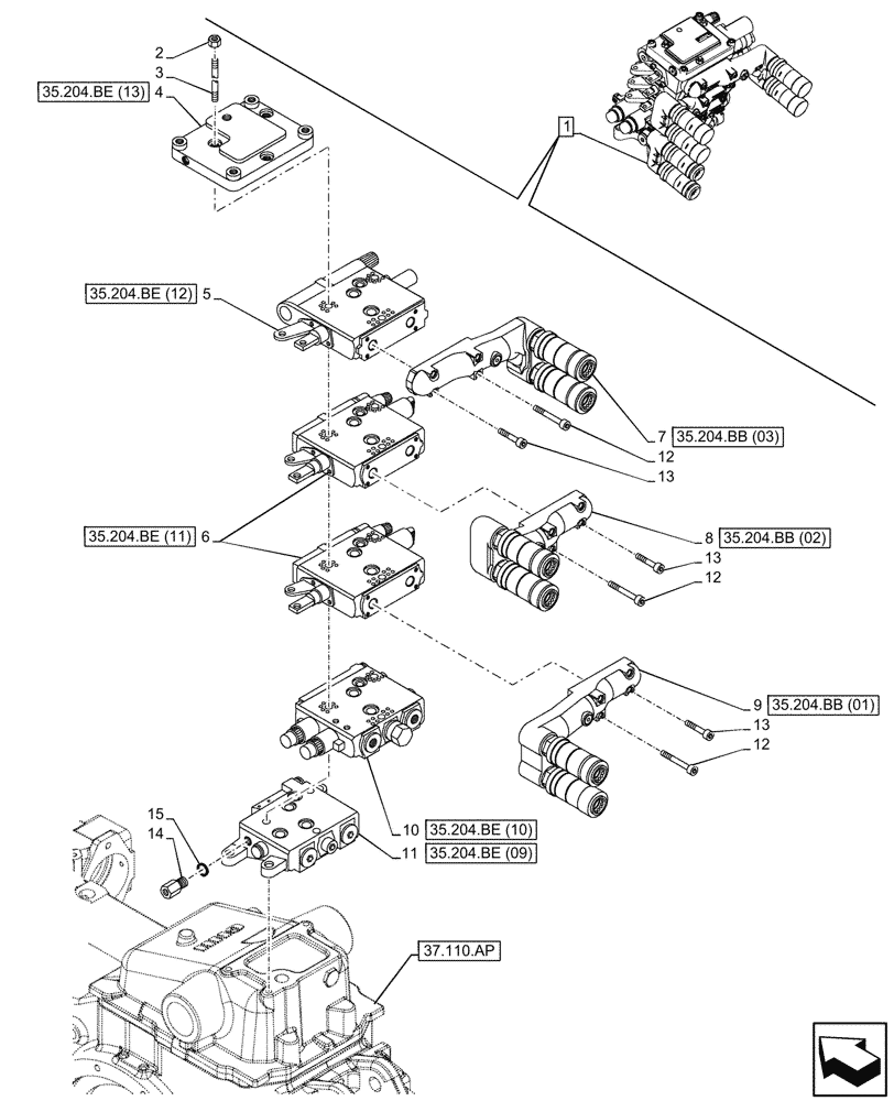 Схема запчастей Case IH MAXXUM 135 - (35.204.BE[02]) - VAR - 396844 - 3 REMOTE CONTROL VALVES, W/ MECHANICAL ENGAGEMENT,2, CONFIGURABLE,1, NOT CONFIGURABLE, COMPONENTS (35) - HYDRAULIC SYSTEMS