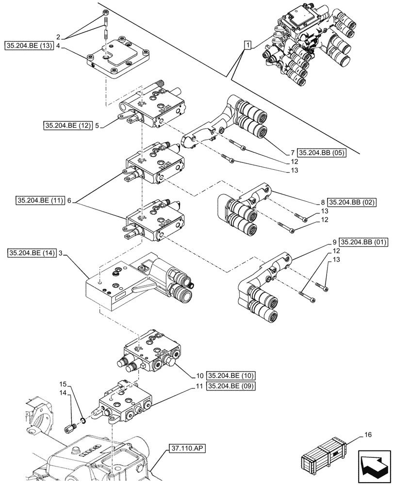 Схема запчастей Case IH MAXXUM 135 - (35.204.BE[04]) - VAR - 396844 - 3 REMOTE CONTROL VALVES, W/ MECHANICAL ENGAGEMENT,2, CONFIGURABLE,1, NOT CONFIGURABLE, COMPONENTS (35) - HYDRAULIC SYSTEMS