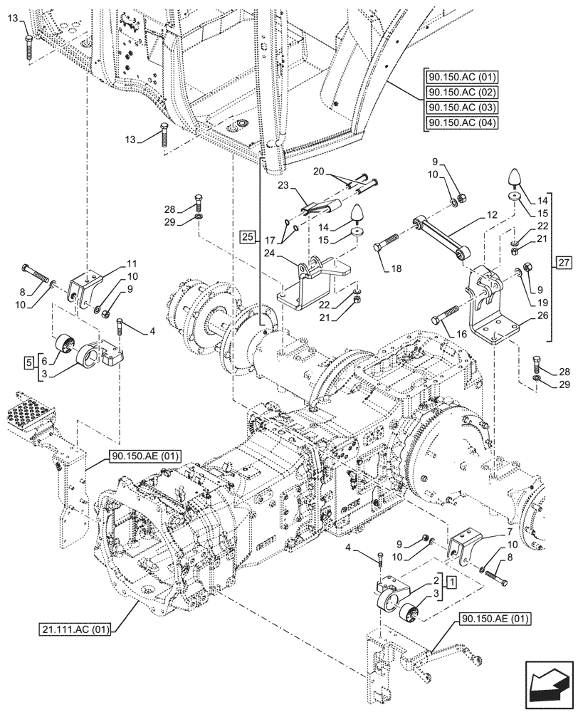 Схема запчастей Case IH MAXXUM 150 - (90.150.AO[02]) - VAR - 758479, 758480, 758481 - CAB FASTENERS, SUSPENSION (90) - PLATFORM, CAB, BODYWORK AND DECALS