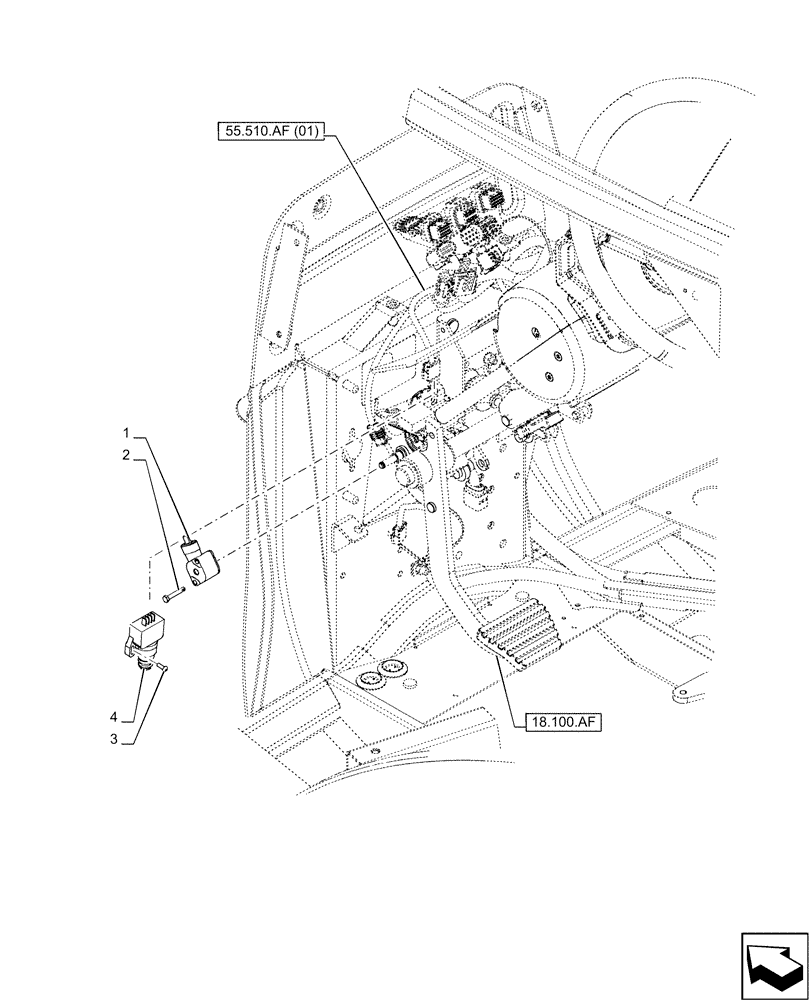 Схема запчастей Case IH MAXXUM 115 - (55.023.AB) - VAR - 392195, 392204, 743764, 743766, 758413, 758414, 758415, 758416, 758581, 759375, 759377, 759379 - CLUTCH, PEDAL, SWITCH (55) - ELECTRICAL SYSTEMS