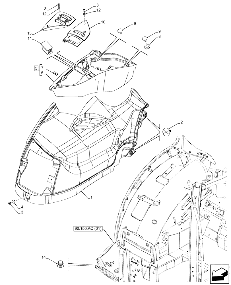 Схема запчастей Case IH MAXXUM 115 - (90.160.BL[01]) - VAR - 396844 - CAB INTERIOR TRIM, W/ MECHANICAL ENGAGEMENT, RH (90) - PLATFORM, CAB, BODYWORK AND DECALS