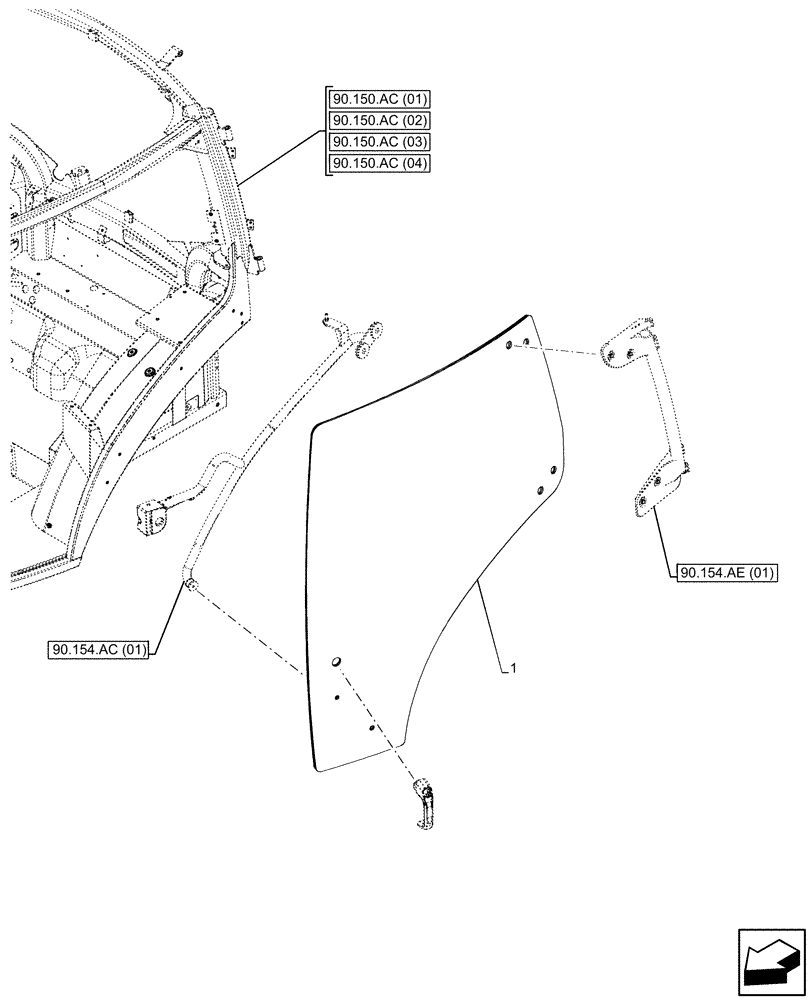 Схема запчастей Case IH MAXXUM 135 - (90.154.AV[01]) - VAR - 391610, 758479, 758480, 758481 - CAB DOOR, GLASS, LEFT (90) - PLATFORM, CAB, BODYWORK AND DECALS