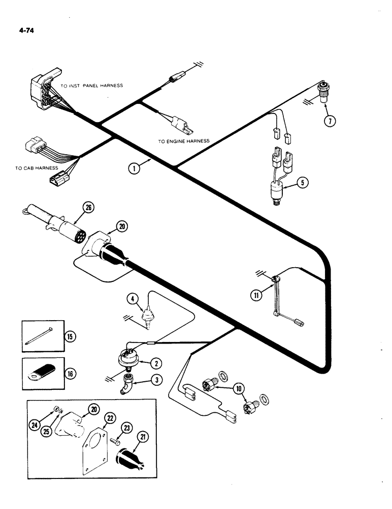 Схема запчастей Case IH 4490 - (4-074) - TRANSMISSION WIRING, AUXILIARY ELECTRIC OUTLET (04) - ELECTRICAL SYSTEMS