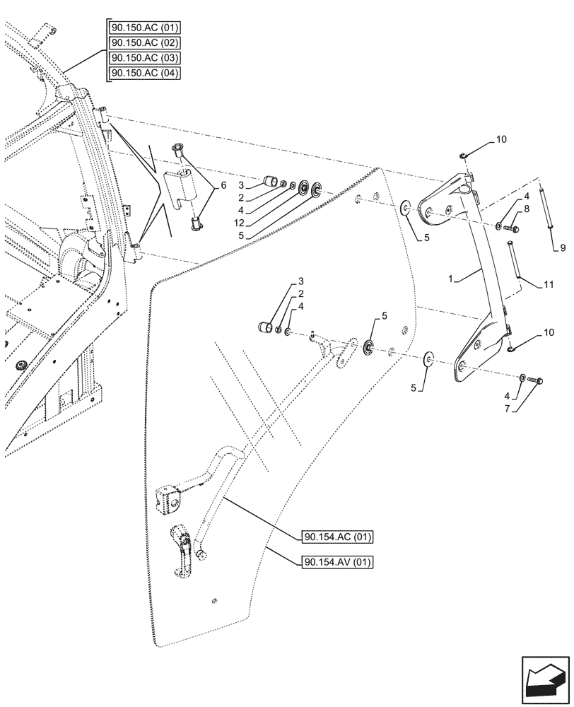 Схема запчастей Case IH MAXXUM 150 - (90.154.AE[01]) - VAR - 391610, 758479, 758480, 758481 - CAB DOOR, HINGE, LEFT (90) - PLATFORM, CAB, BODYWORK AND DECALS
