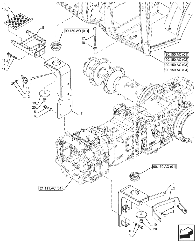 Схема запчастей Case IH MAXXUM 145 - (90.150.AE[01]) - VAR - 391610 - CAB, FRONT, MOUNT (90) - PLATFORM, CAB, BODYWORK AND DECALS