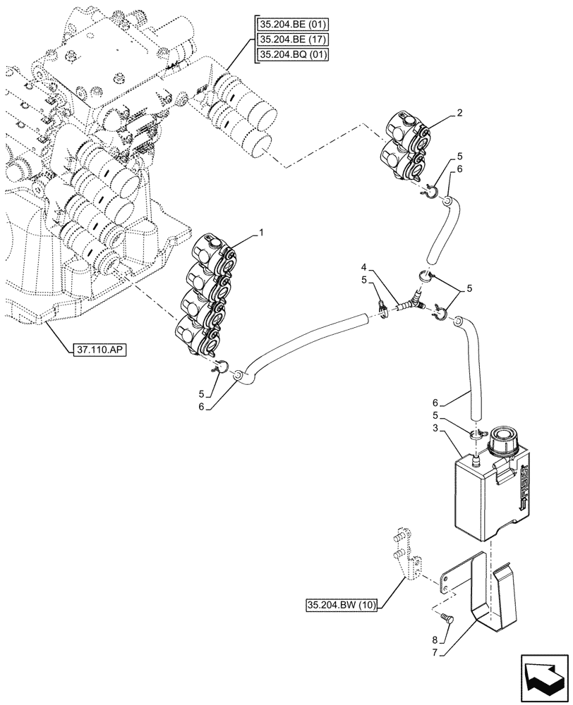 Схема запчастей Case IH MAXXUM 135 - (35.204.BW[01]) - VAR - 390856, 396844, 743686 - 3 REMOTE CONTROL VALVES, RESERVOIR (35) - HYDRAULIC SYSTEMS