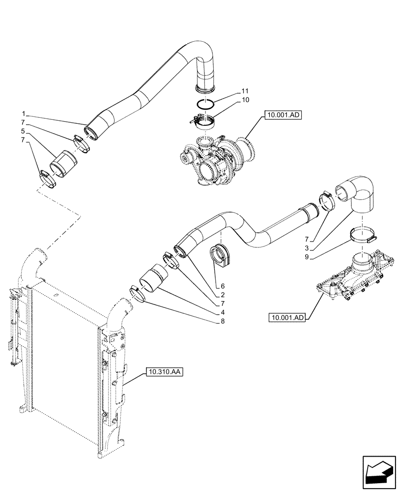 Схема запчастей Case IH MAXXUM 150 - (10.310.AF[02]) - VAR - 392195, 392204, 743764, 743766, 758413, 759414, 758415, 758416, 758581, 759375, 759377, 759379 - AFTERCOOLER (10) - ENGINE