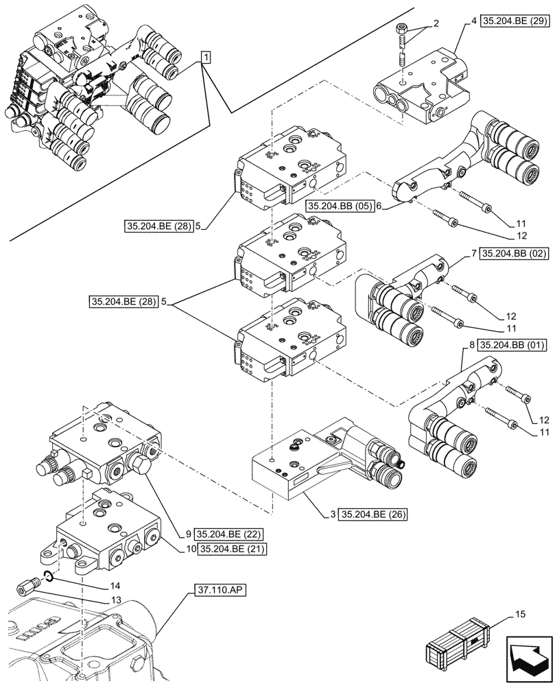 Схема запчастей Case IH MAXXUM 150 - (35.204.BQ[02]) - VAR - 743686 - 3 REMOTE CONTROL VALVES, W/ ELECTROHYDRAULIC ENGAGEMENT (35) - HYDRAULIC SYSTEMS